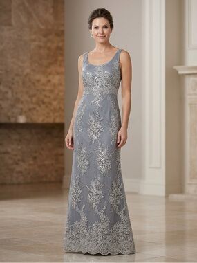 Ignite Evenings Womens 8 Slate Gray Silver Floral Embroidered Formal Gown Dress